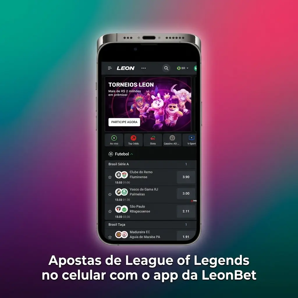 Tela do app LeonBet no celular com apostas de League of Legends, mercados populares e bilhete rápido