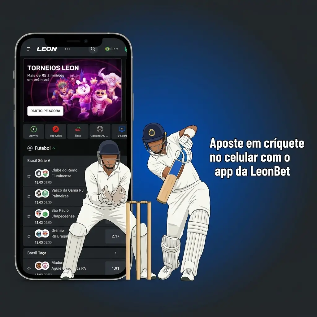 Usuário apostando em críquete no celular com o app LeonBet, acesso rápido a mercados pré-jogo e apostas ao vivo
