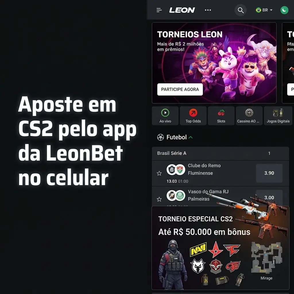 Usuário apostando em partidas de CS2 no app LeonBet no celular, com mercados em destaque e navegação por mapas