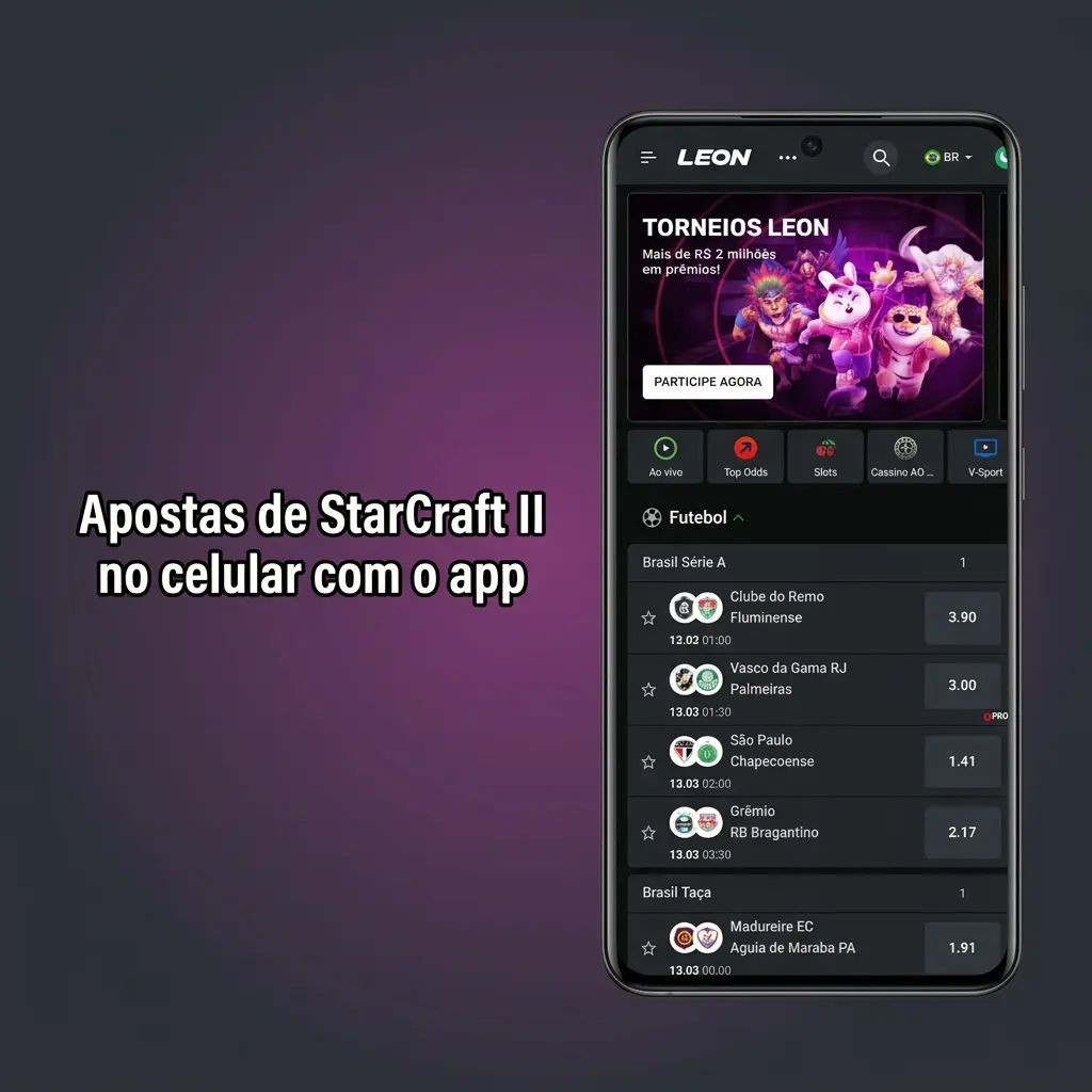 Apostas de StarCraft II no celular com app da LeonBet, acompanhando odds, torneios e partidas ao vivo na tela de eventos