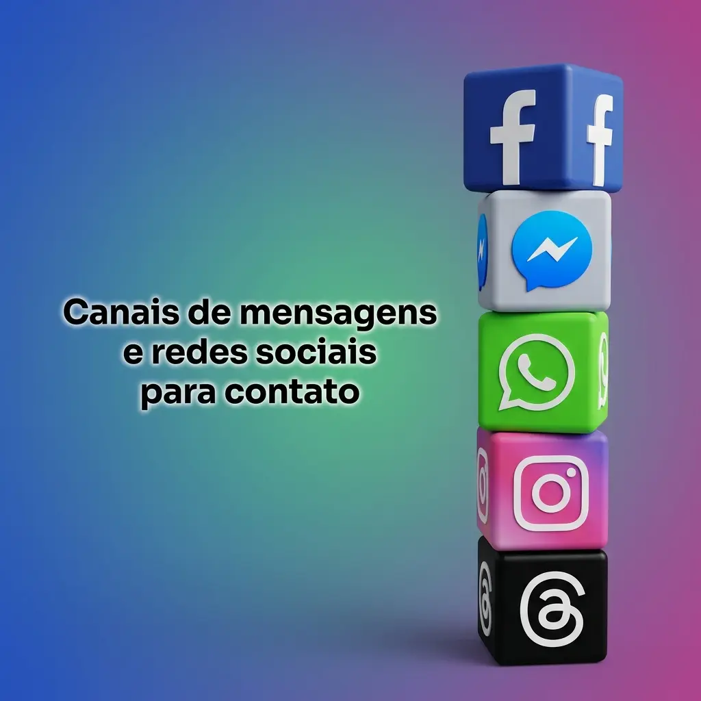 Ícones de WhatsApp, Telegram, Messenger e X para contato rápido, atualizações e orientação ao suporte oficial