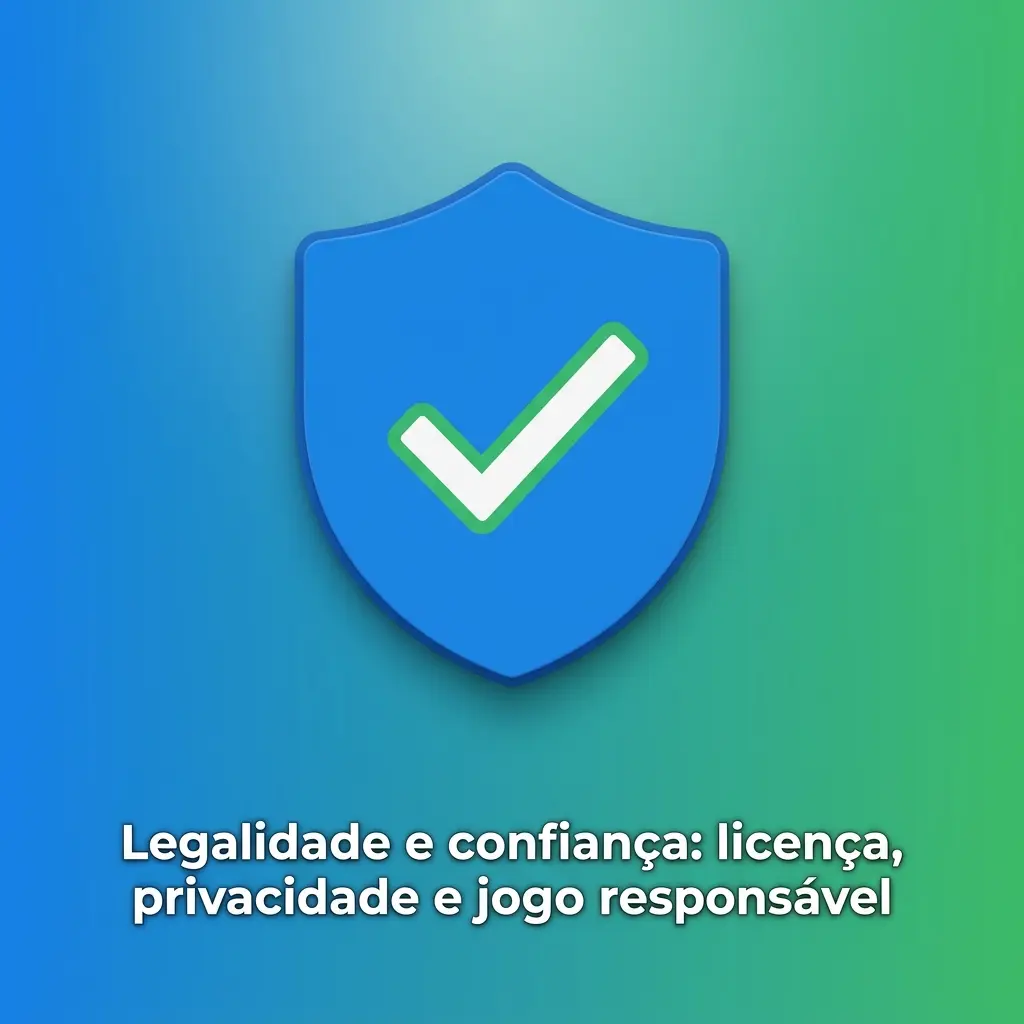Ícones de licença, privacidade e jogo responsável com texto sobre regulamentação e proteção de dados em apostas online