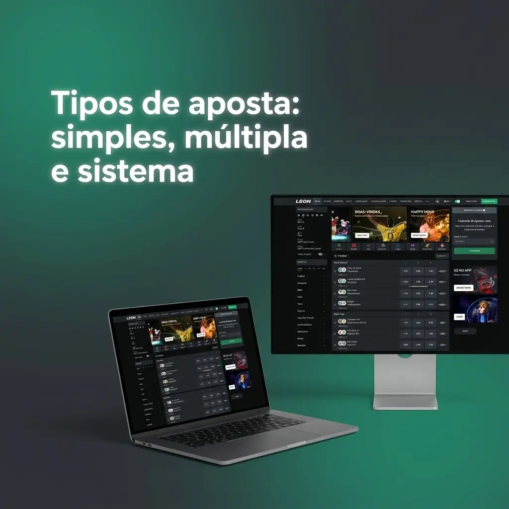 Infográfico em pt-BR com tipos de aposta: simples, múltipla e sistema, explicando risco e retorno em bilhetes
