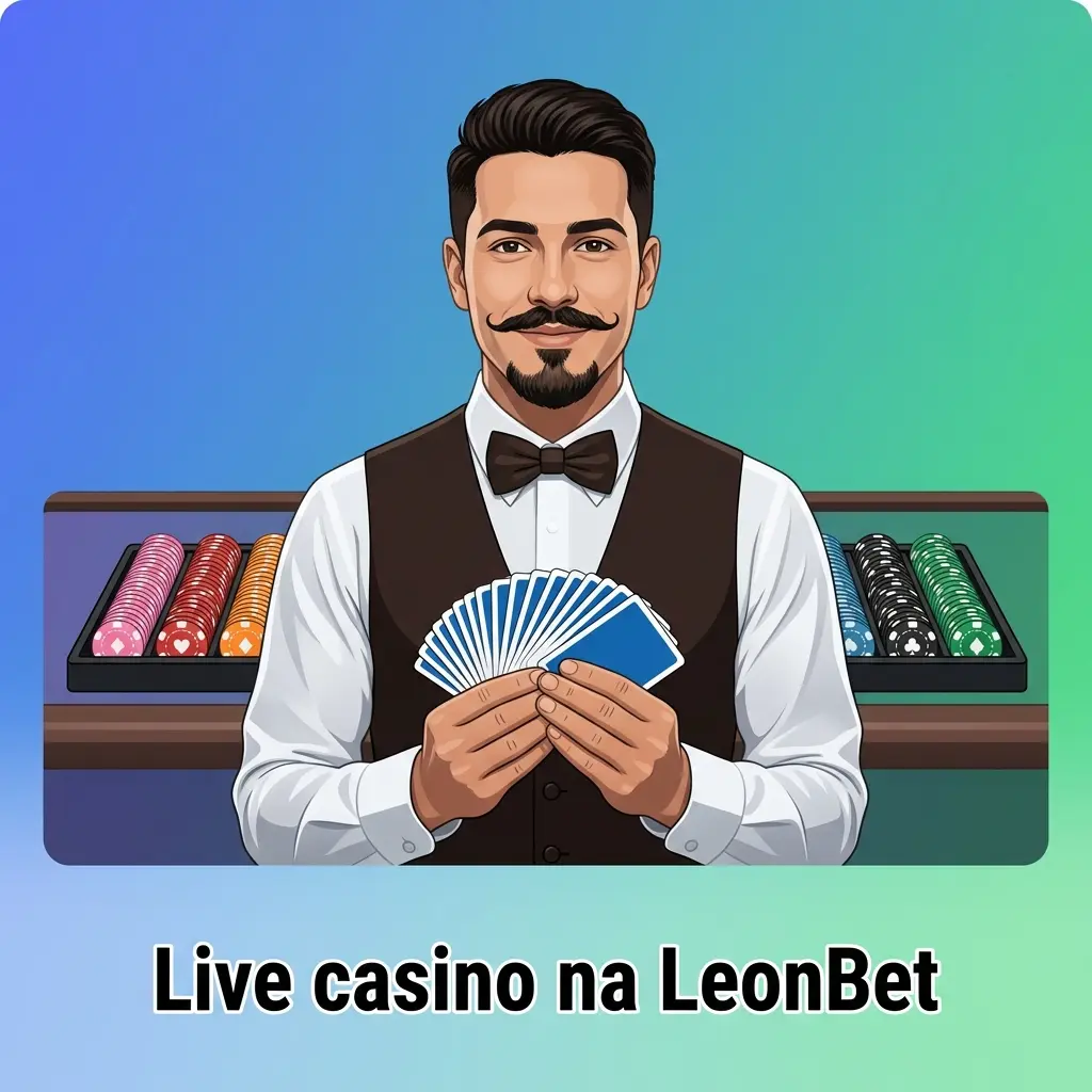 Dealer ao vivo em estúdio no live casino da LeonBet, com roleta, blackjack e bacará em mesa com câmera