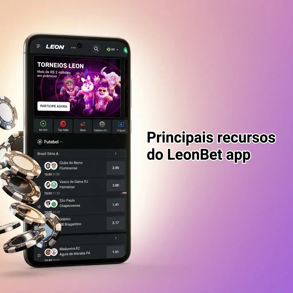 Interface do app LeonBet com apostas e cassino, busca rápida, bilhete, caixa, perfil e notificações de placares