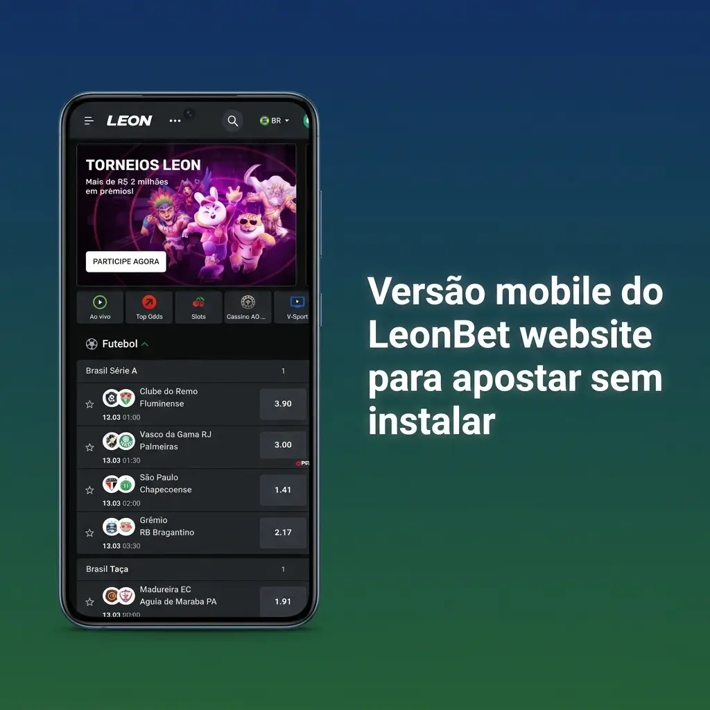 Interface mobile do site LeonBet com abas de esportes e cassino, aposta ao vivo, depósito, saque e busca rápida